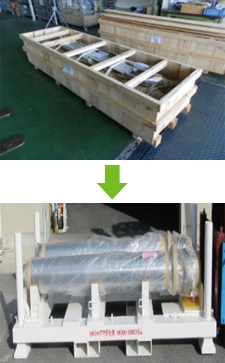写真:木製パレットで梱包し輸送される部品→写真:繰り返し使用出来る専用パレットで輸送される部品